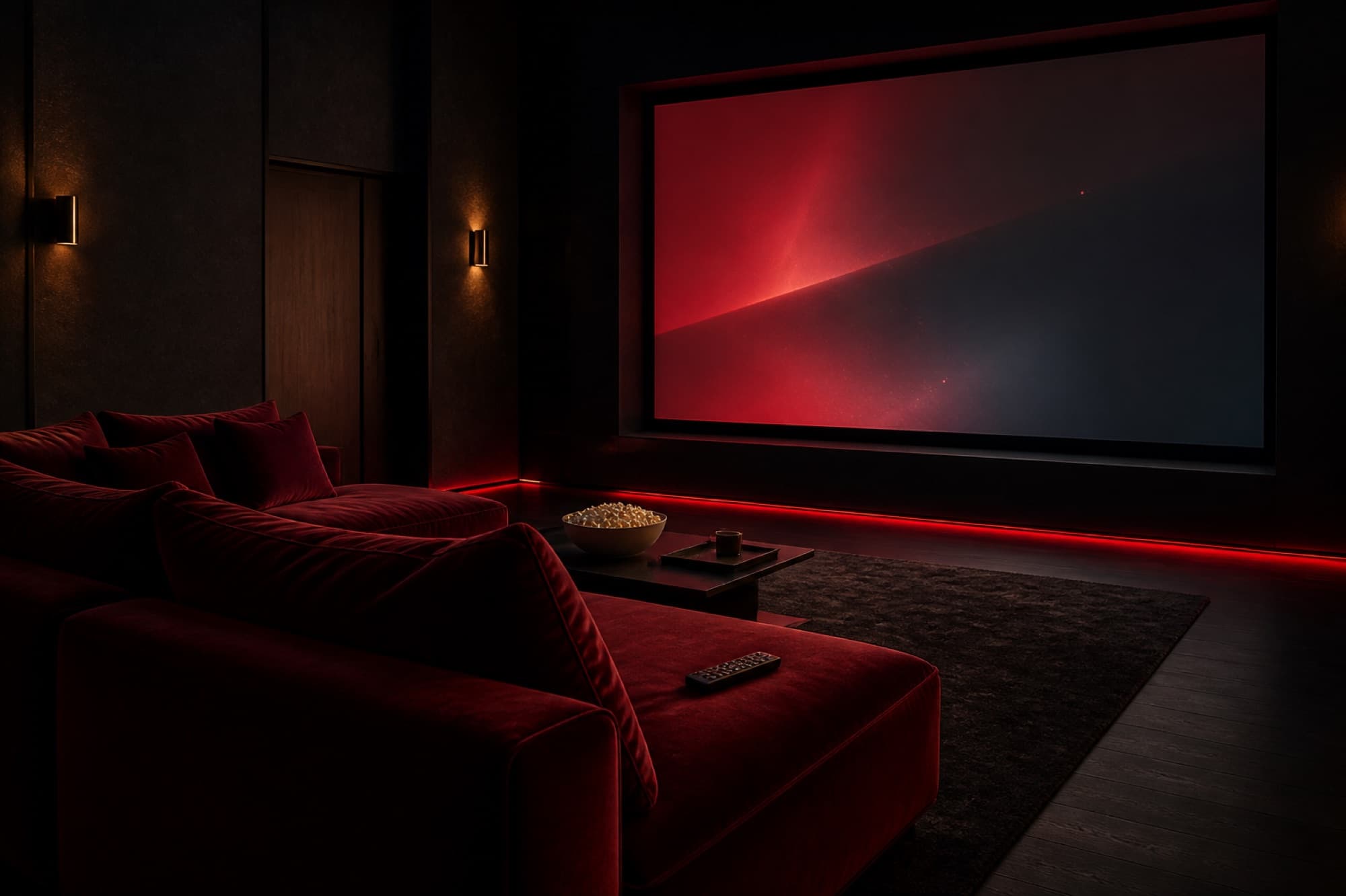 Sala de cinema em casa com sofá vermelho e a tela acesa, imagem do MagnificPlay